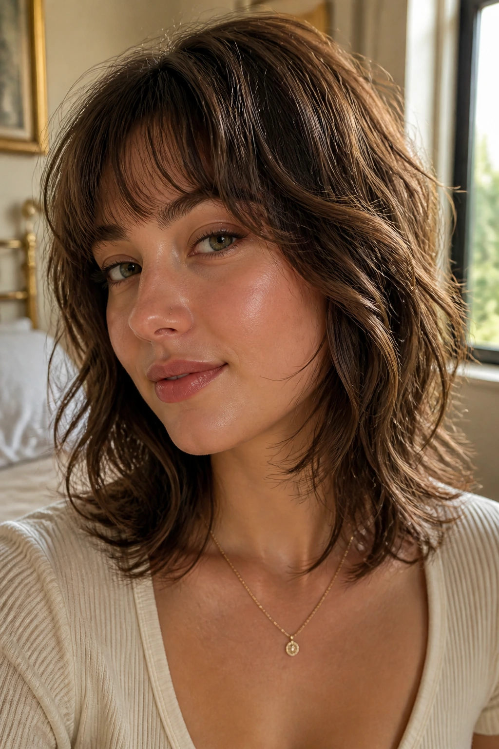 Close-up of a real woman with a soft razor wolf cut in warm window light