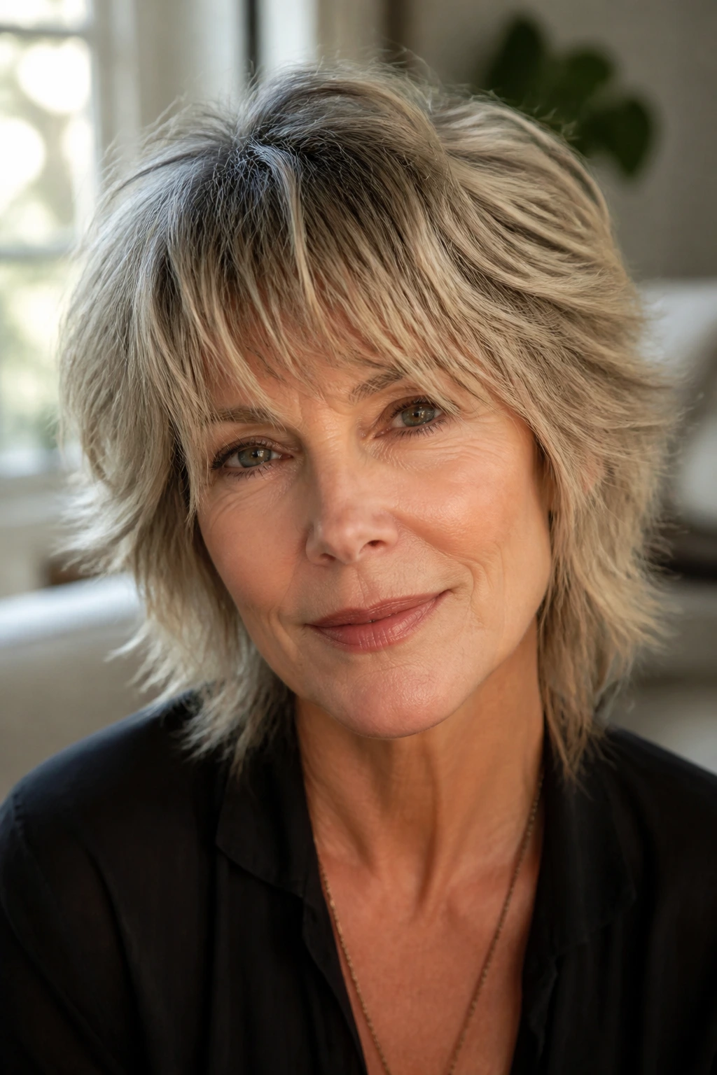 Portrait of a woman with a softened fringe rock-chick variation (Softer Rebel) in a home setting