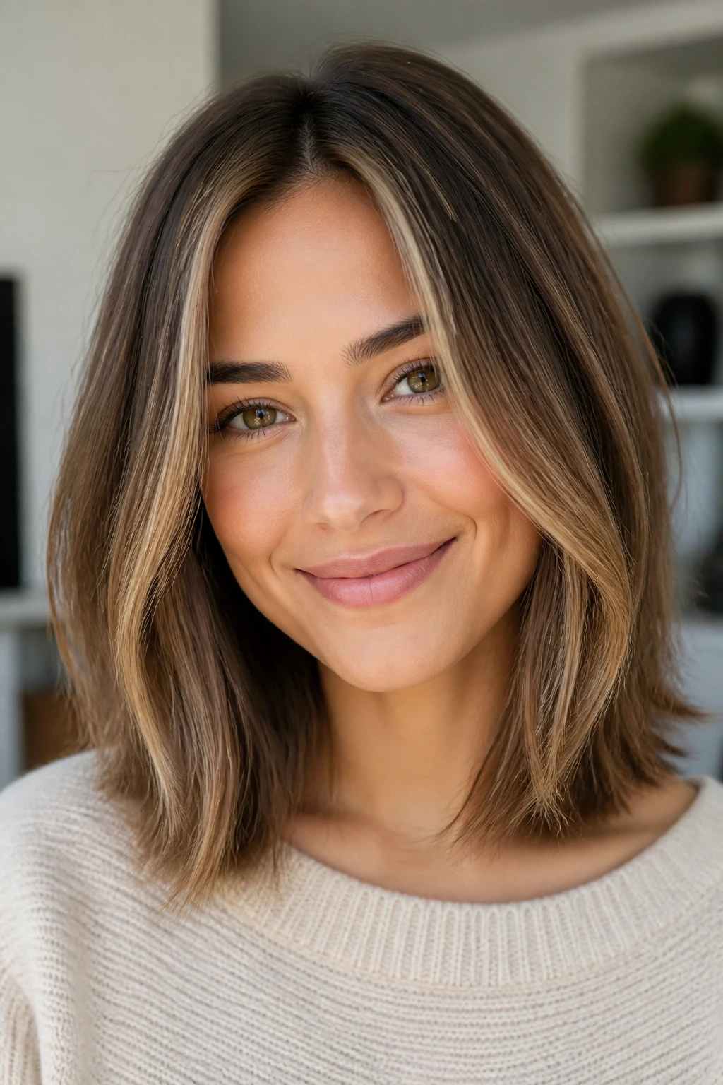 Close-up of soft rectangle cut with dimensional babylights on a real person
