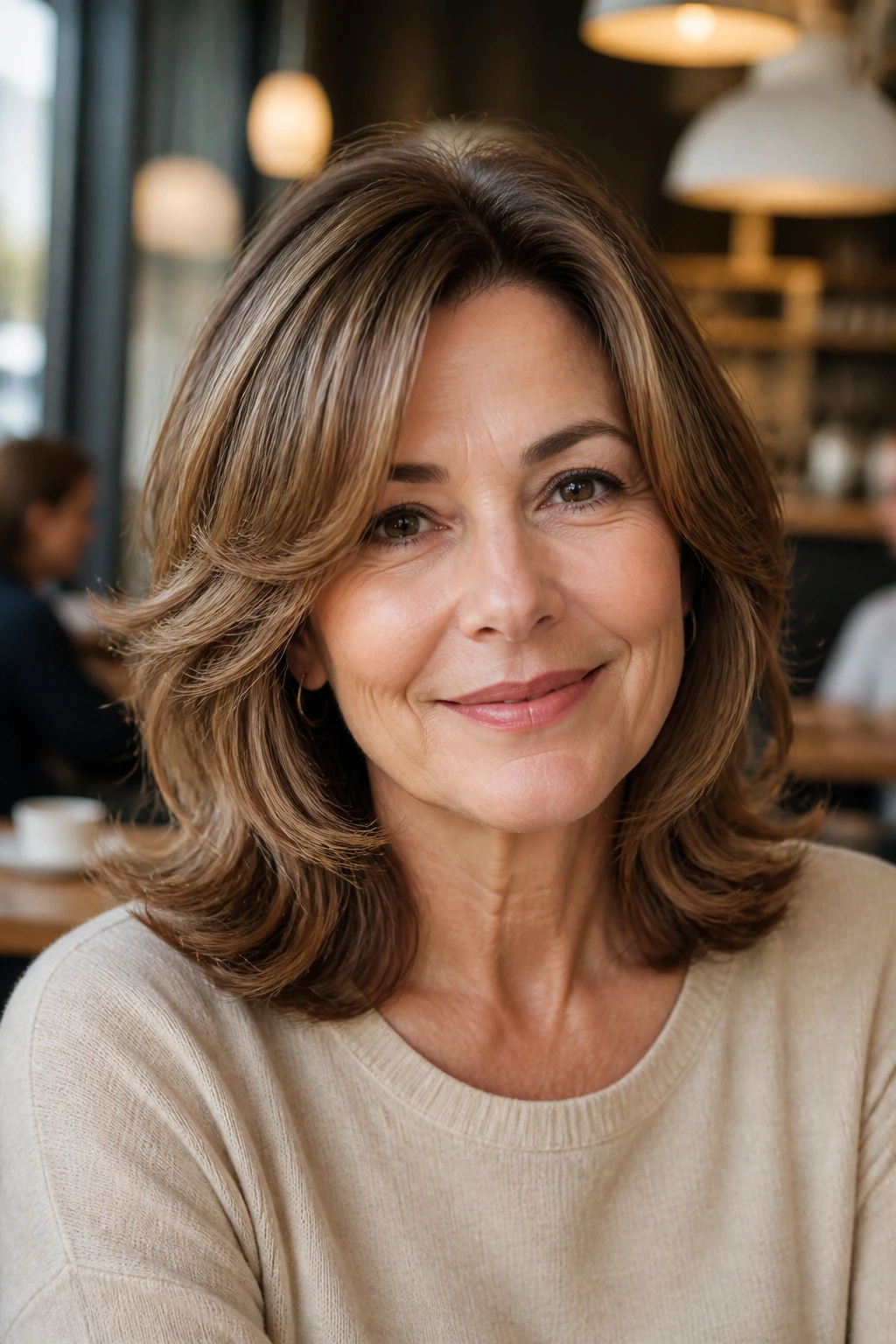 Close-up of a real woman with a soft retro flip and medium layers