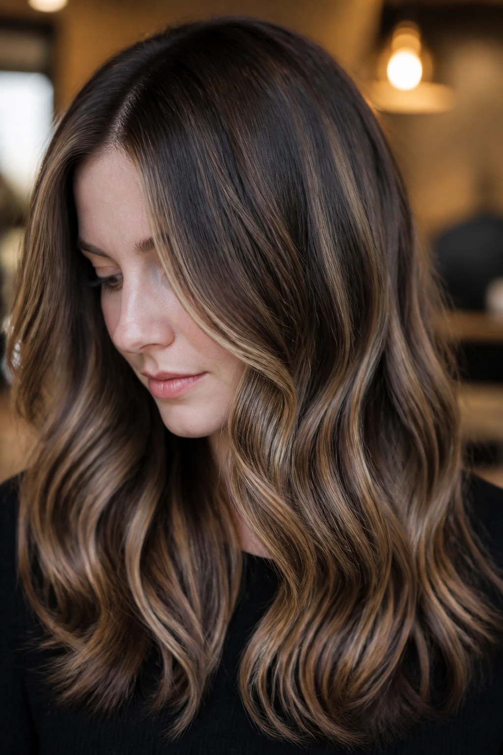 Hair with beige caramel ribbons through midlengths on a fair-skinned model
