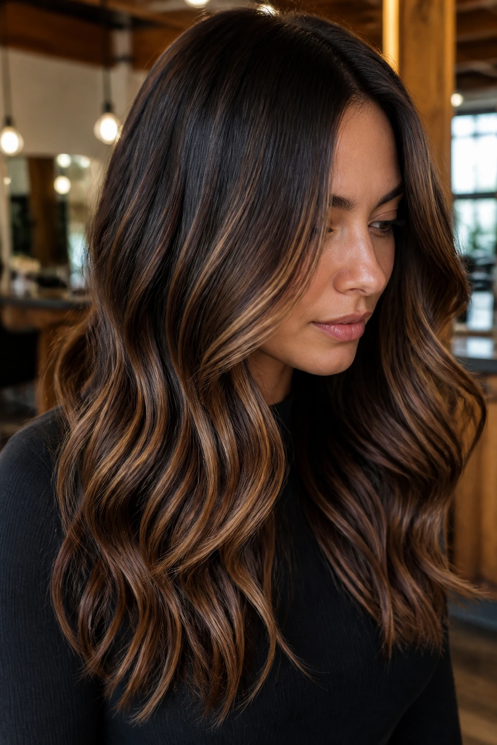 Brunette with soft ribbon balayage in sunlit salon light