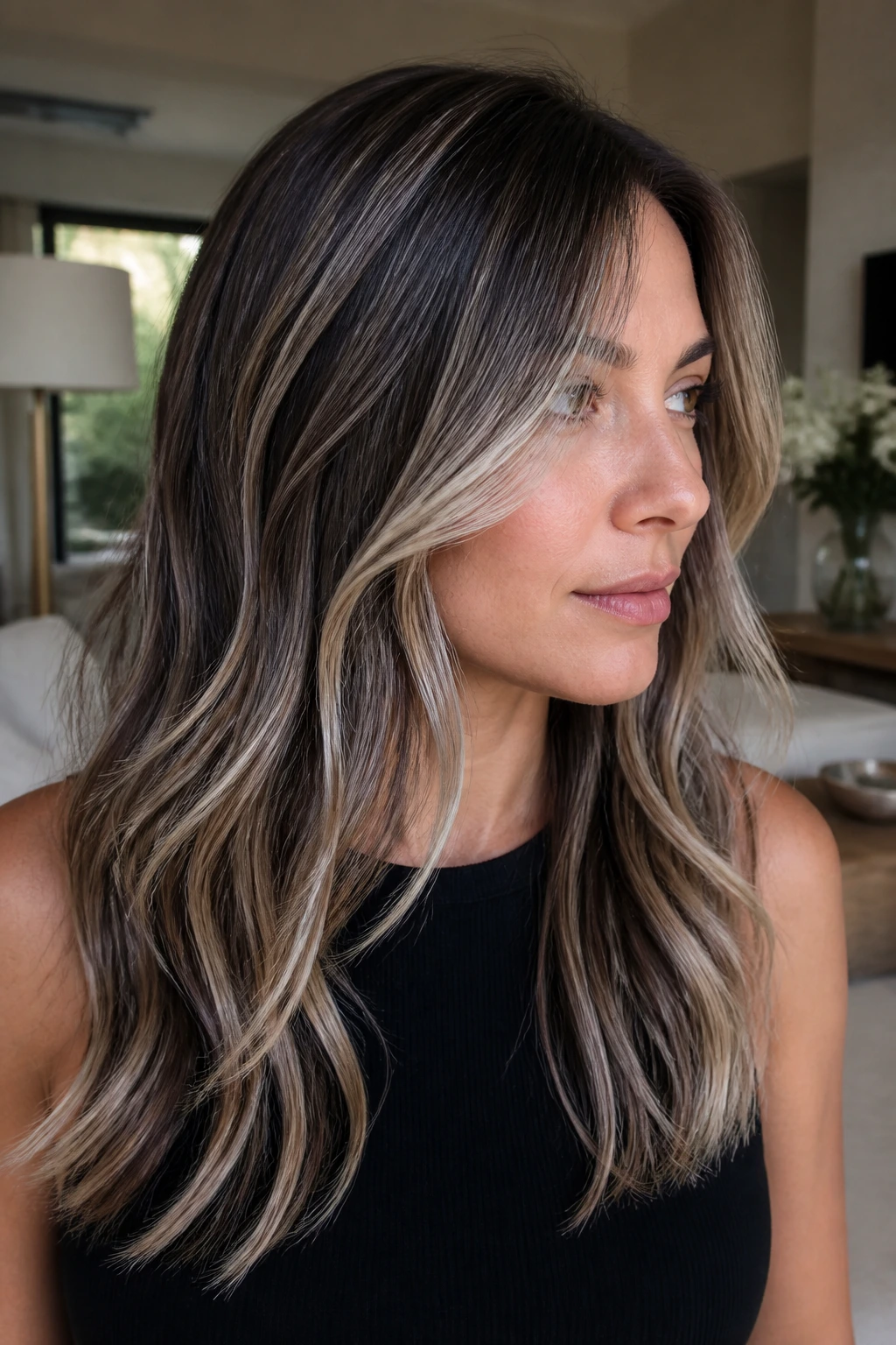 Hair with soft ribbon balayage across top layer on dark hair.