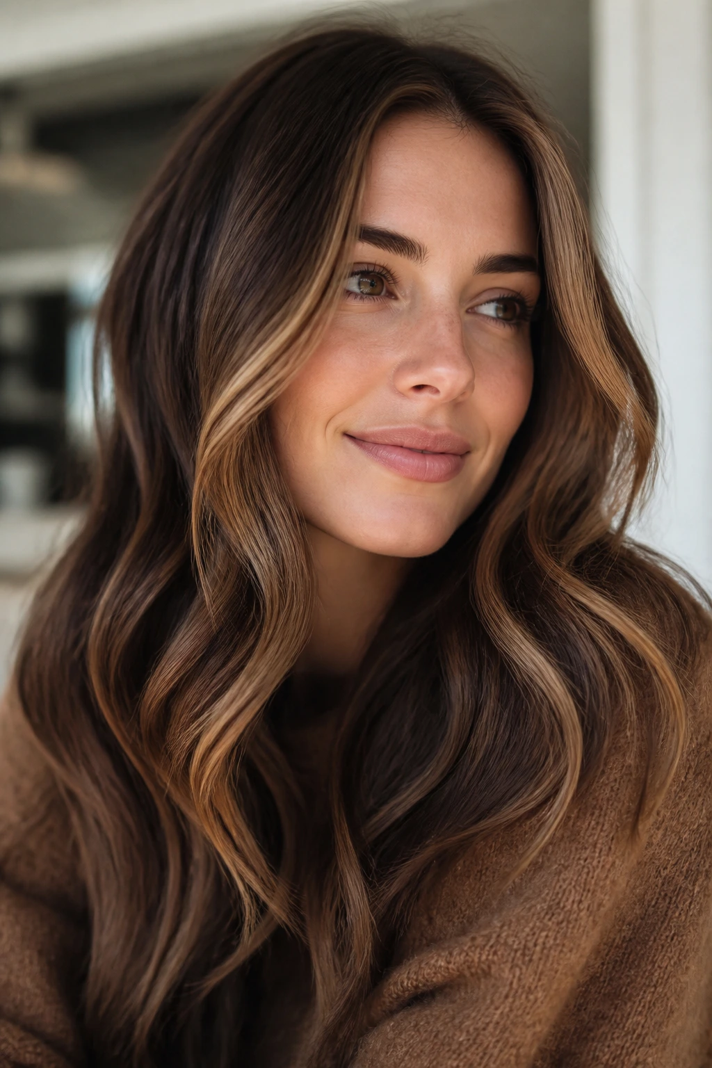 Real woman with soft caramel ribbons in brunette hair