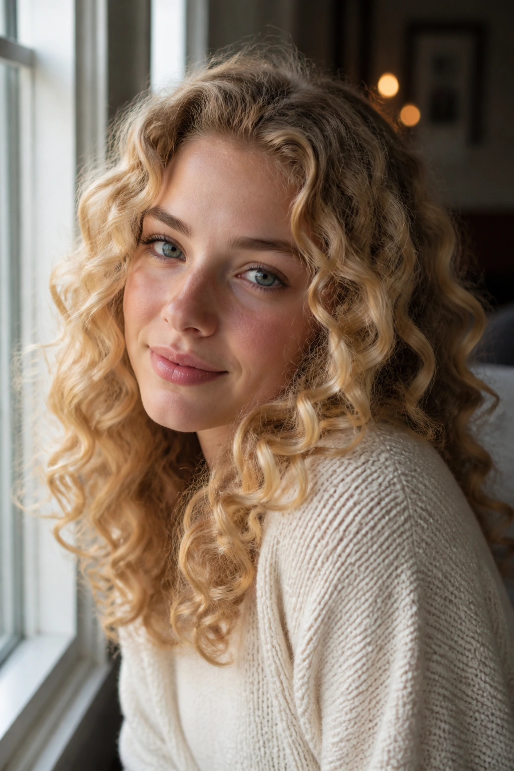 Close-up of a woman with soft, balanced gold ringlets framing her face