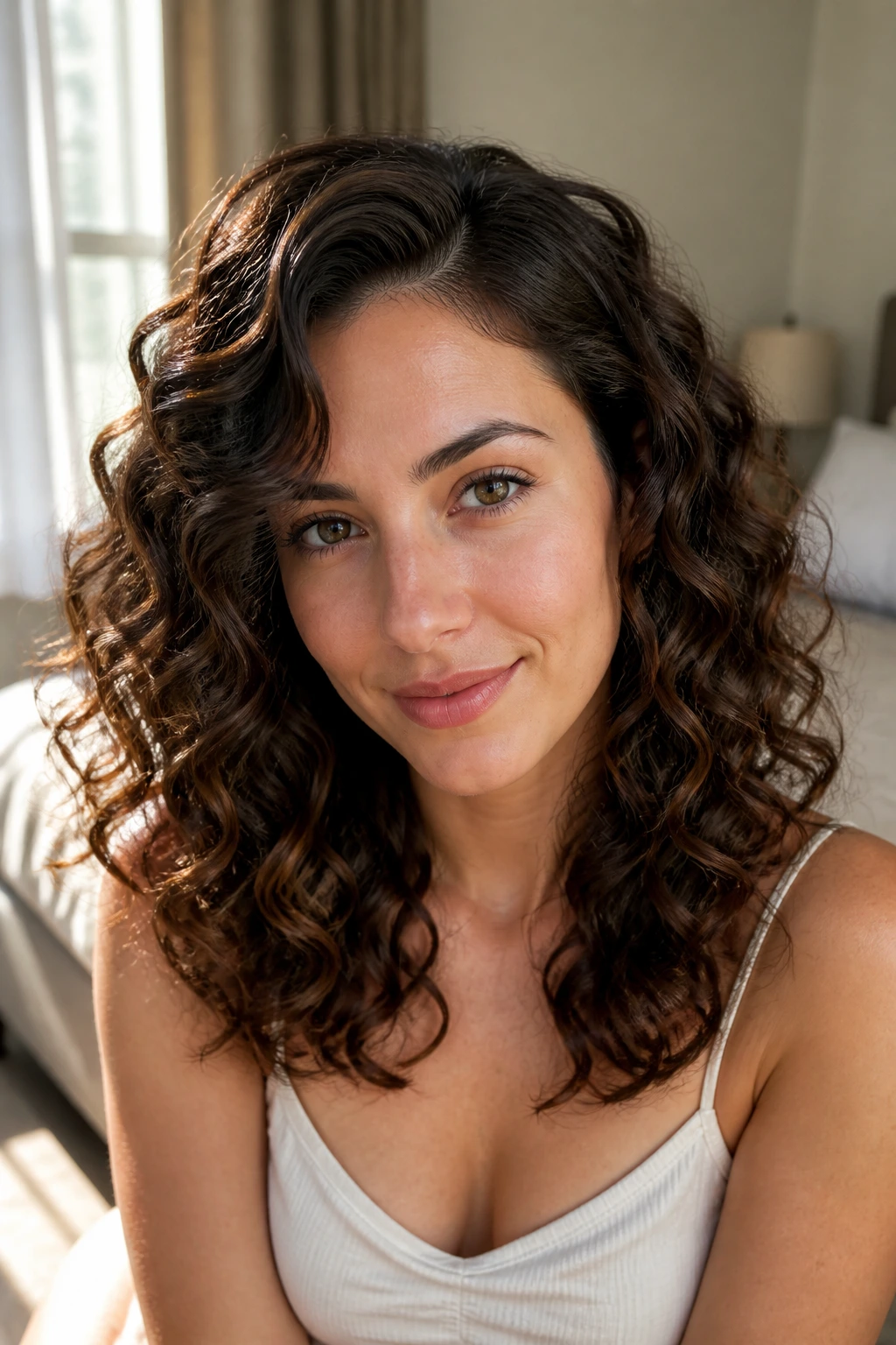 Brunette woman with soft ringlets and off-center part