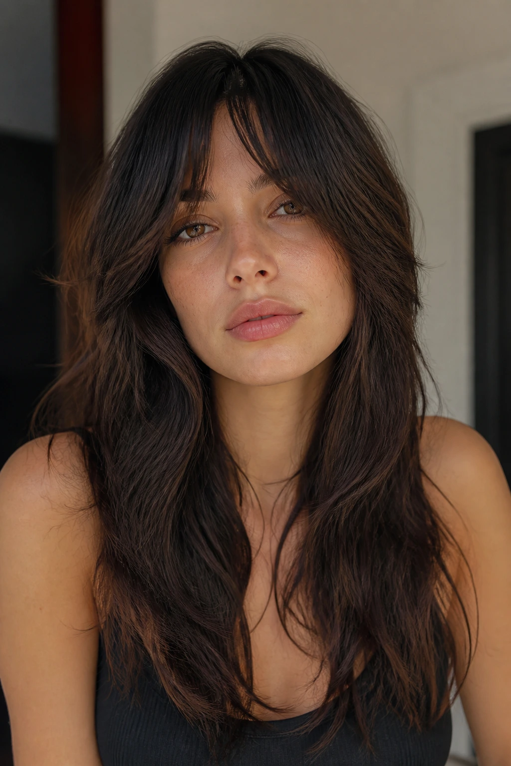 Close-up portrait of a woman with soft rocker curtain bangs and choppy ends, thick hair framing the face
