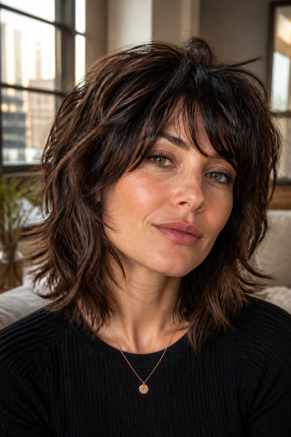 Close-up portrait of a real woman with Soft Rocker Shag With Choppy Crown Layers, warm window light.
