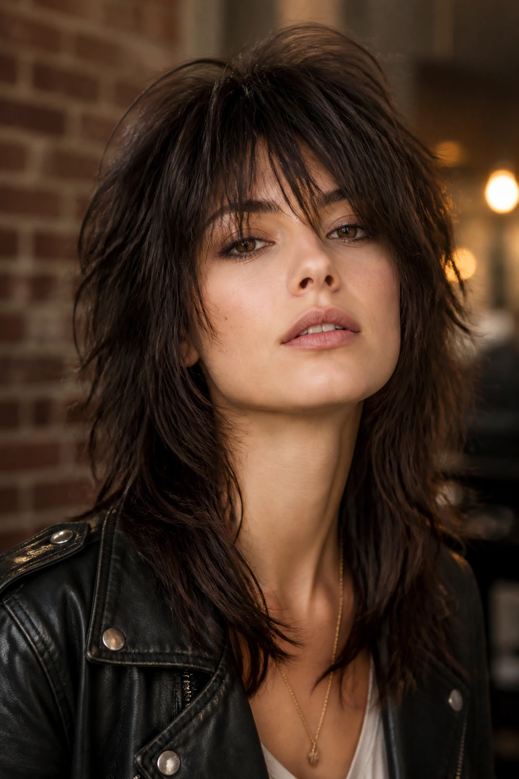 Portrait of a real person with soft rockstar shag hairstyle.