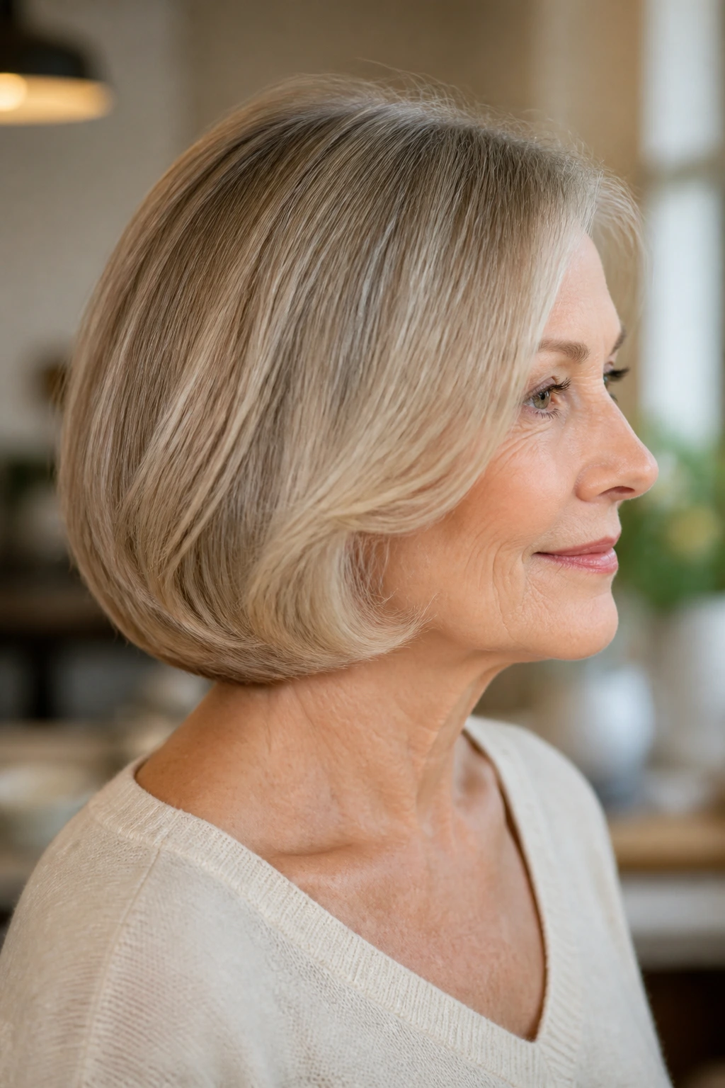 Close-up of a real woman with a roll-under bob at the neckline
