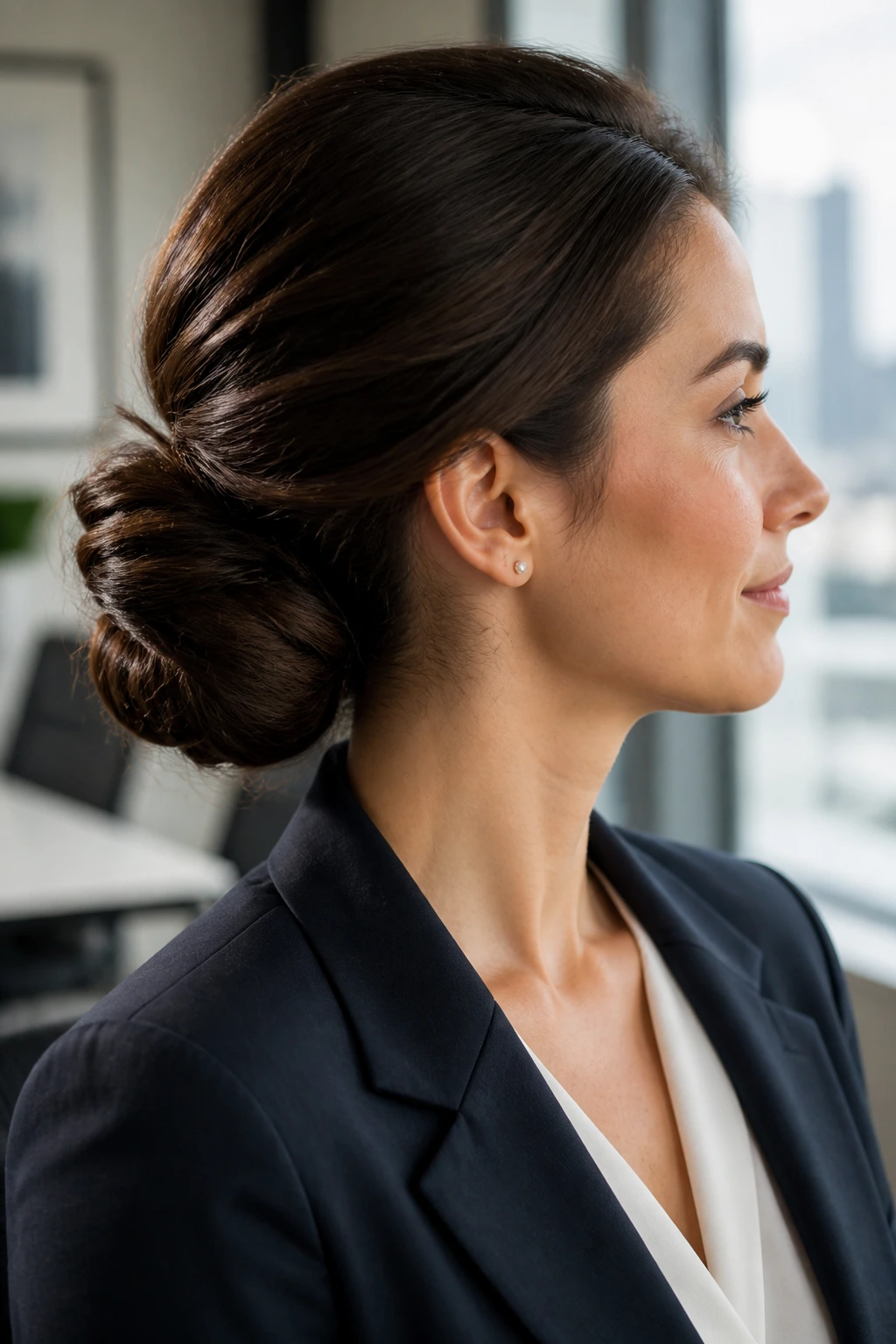 Close-up of a real woman with a soft roll-up chignon, thick hair, in an office setting.