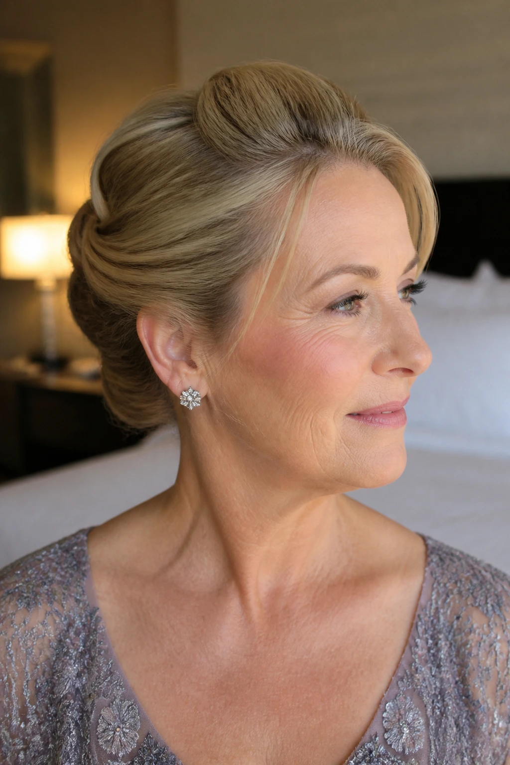 Close-up of a woman with a soft roll-up hairstyle for fine hair.