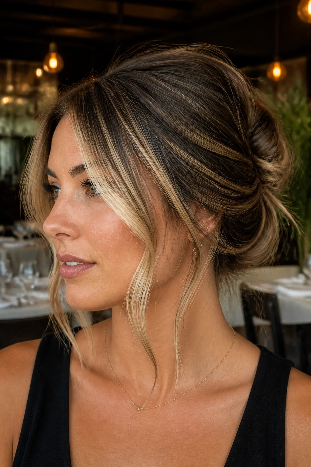 Close-up of a real woman with a soft roll-updo and money pieces at the front
