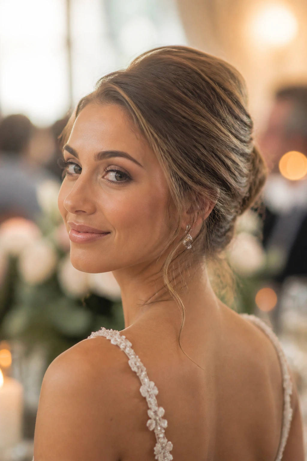Close-up of a real woman with Soft Romantic French Twist under warm window light