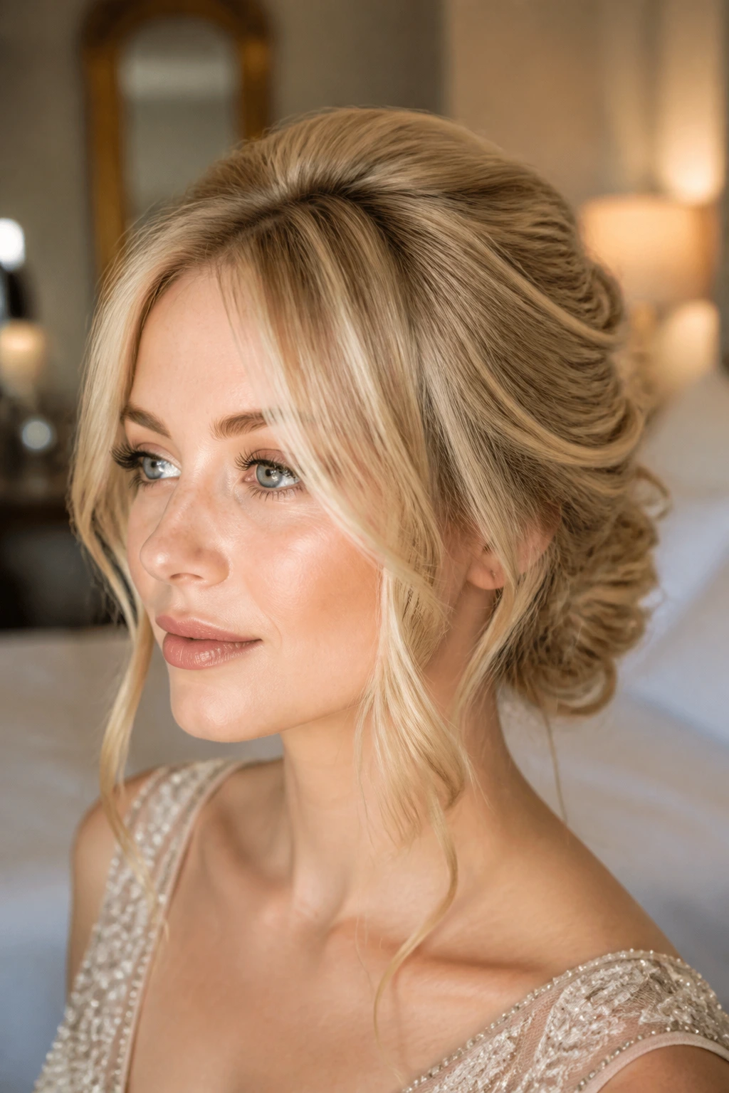 Close-up of a real woman with a soft romantic updo and face-framing pieces