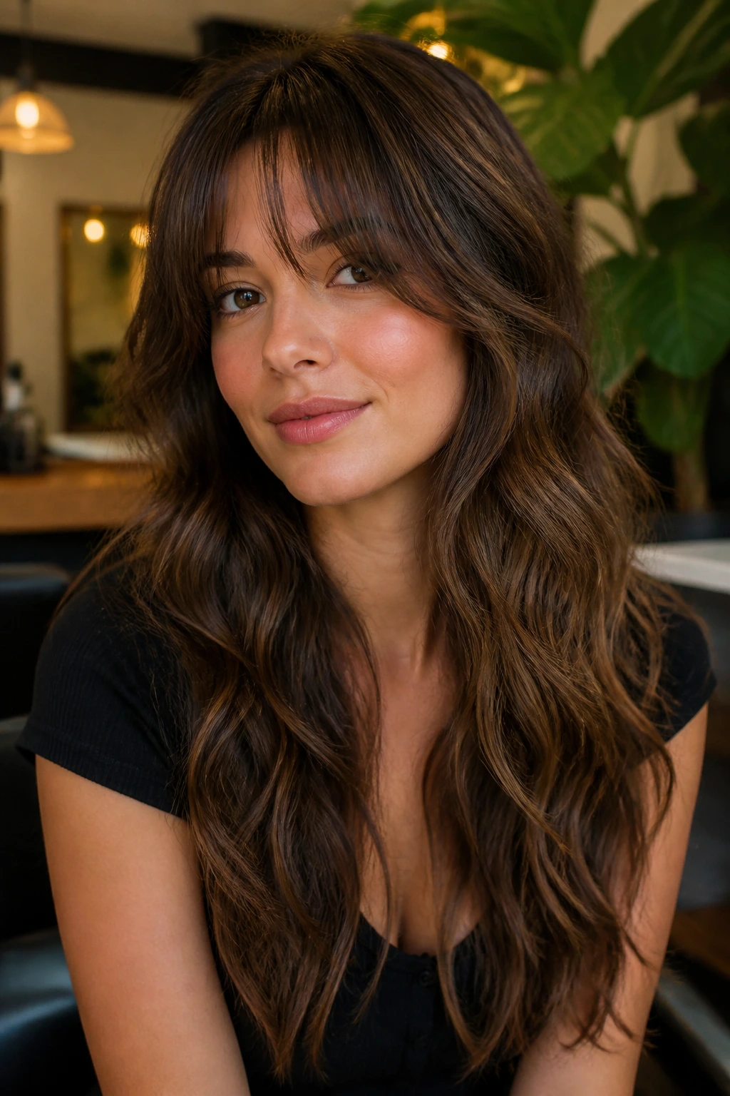 Portrait of a woman with soft romantic waves and curtain bangs