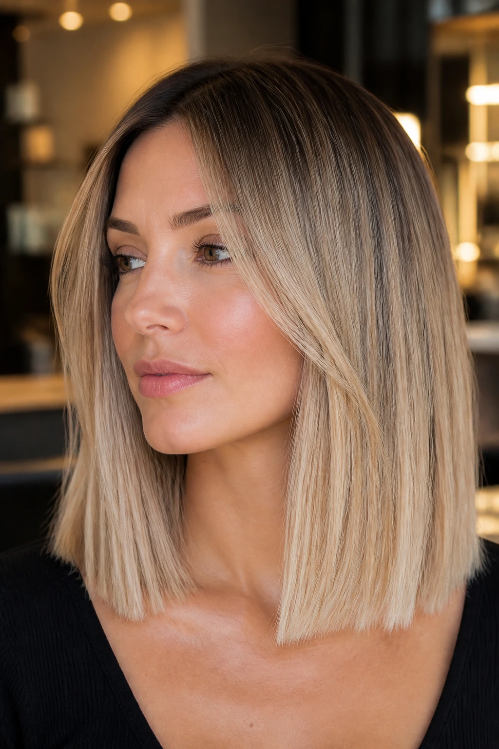 Real woman with Soft-Root Champagne Lob hairstyle and champagne blonde tones.