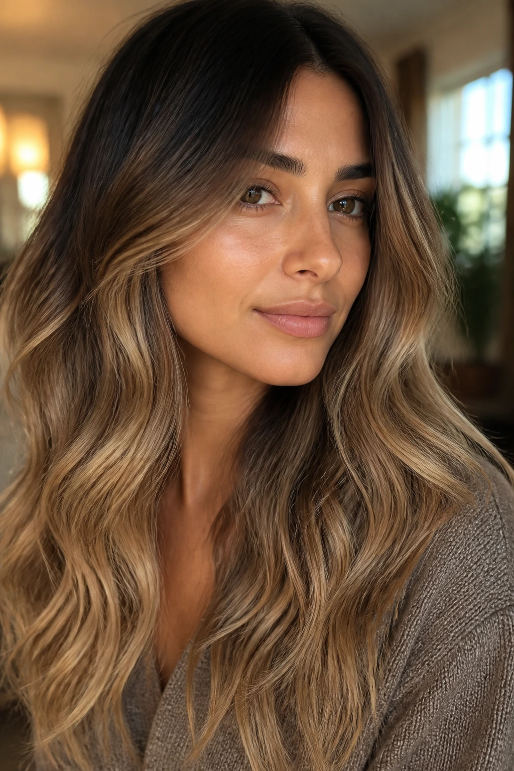 Close-up of dark-rooted blonde ombre with creamy ends on olive-skinned person