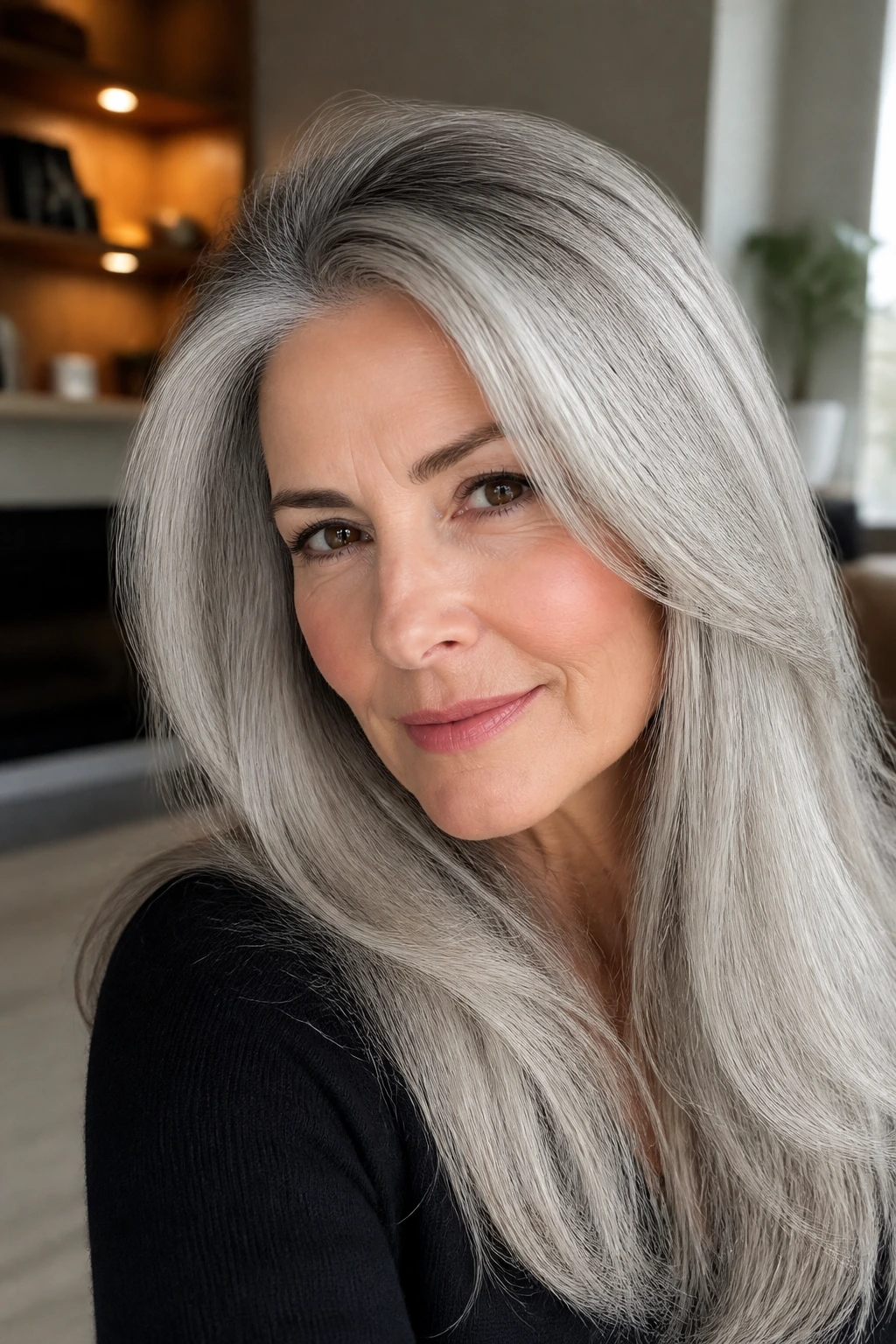 Silver hair with soft root melt showing gradual root-to-length transition