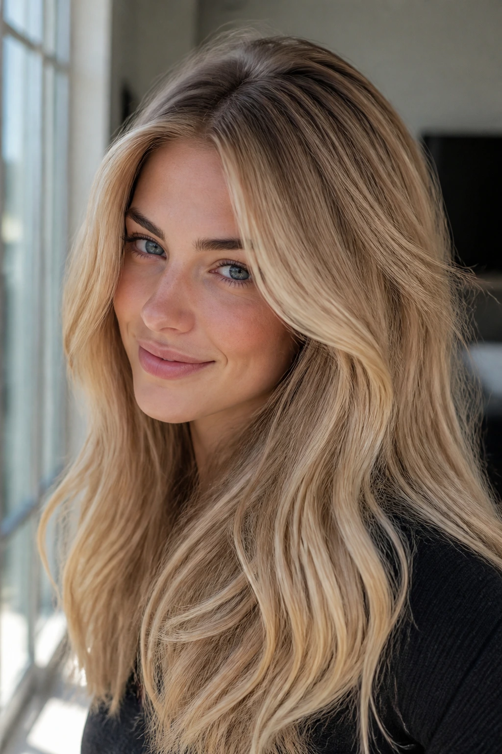 Close-up portrait of a real woman with soft root melt blonde transitioning from dark roots to lighter ends.