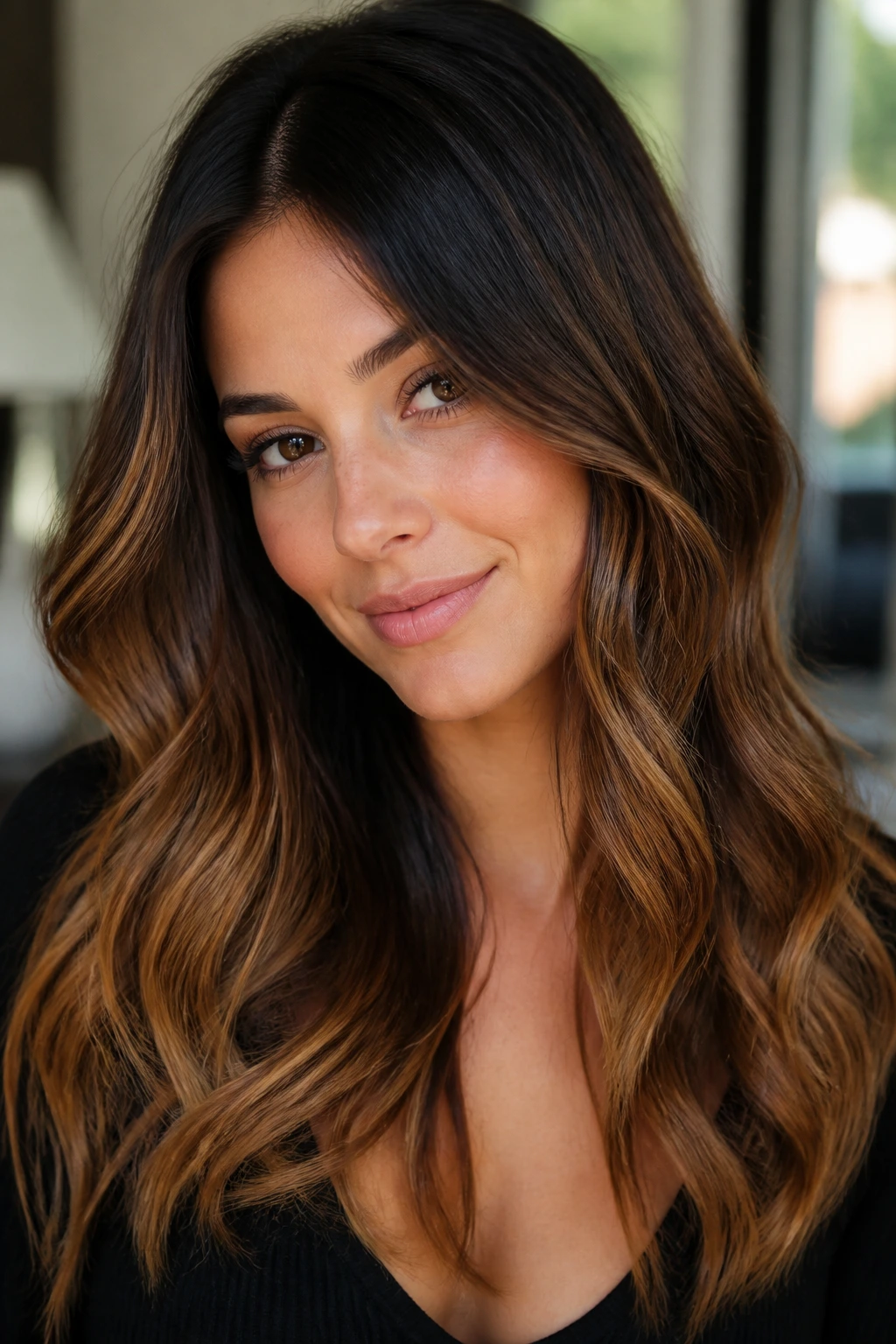 Portrait of a real woman with soft root melt and caramel midlights