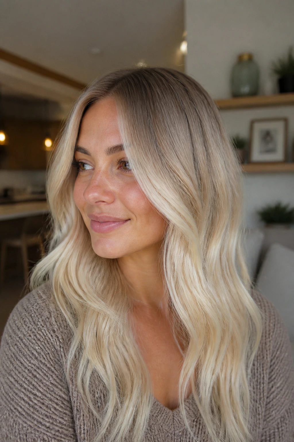 Portrait showing soft beige root melt blending into platinum ends