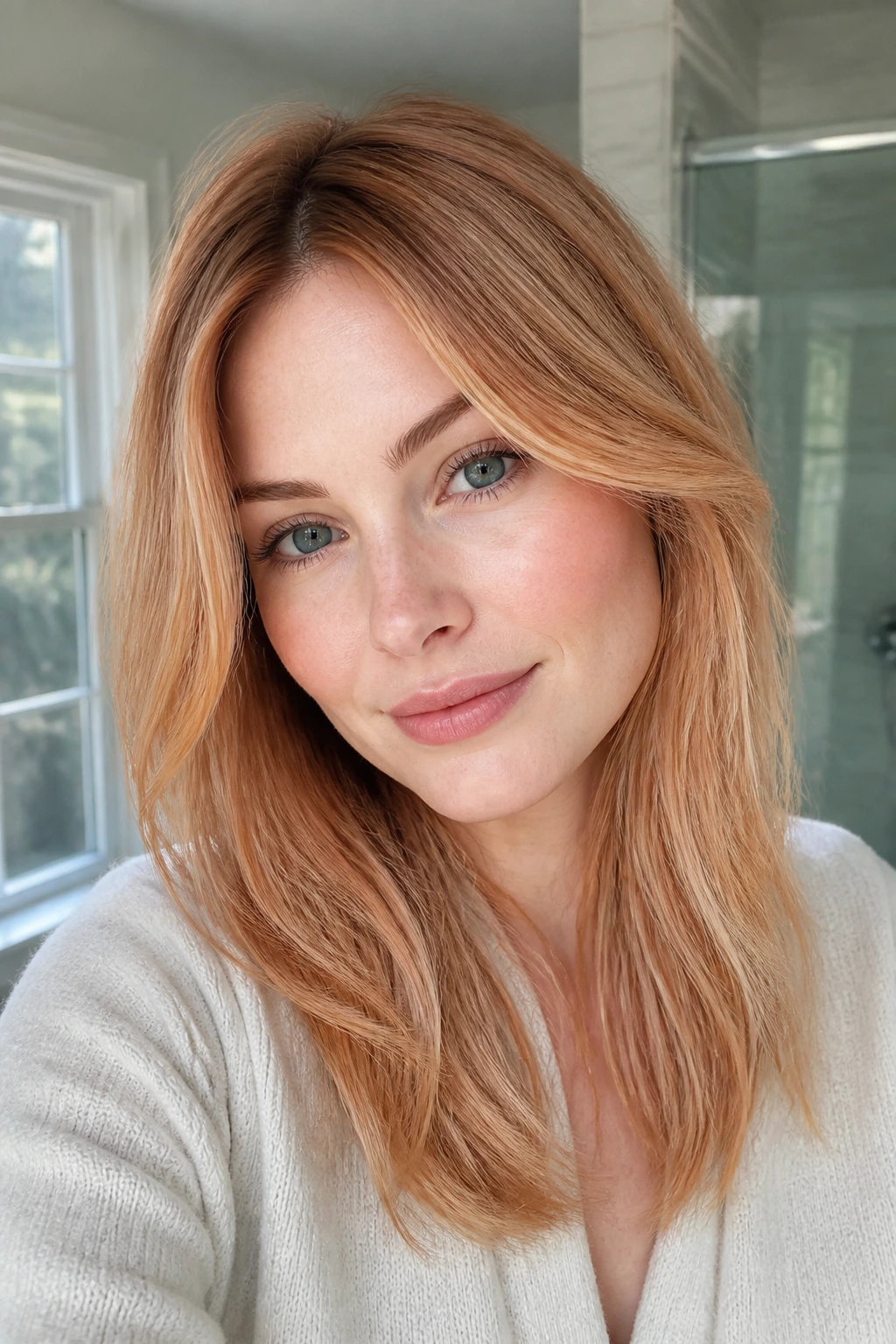 Close-up of a real woman with soft root melt strawberry blonde and no hard regrowth line