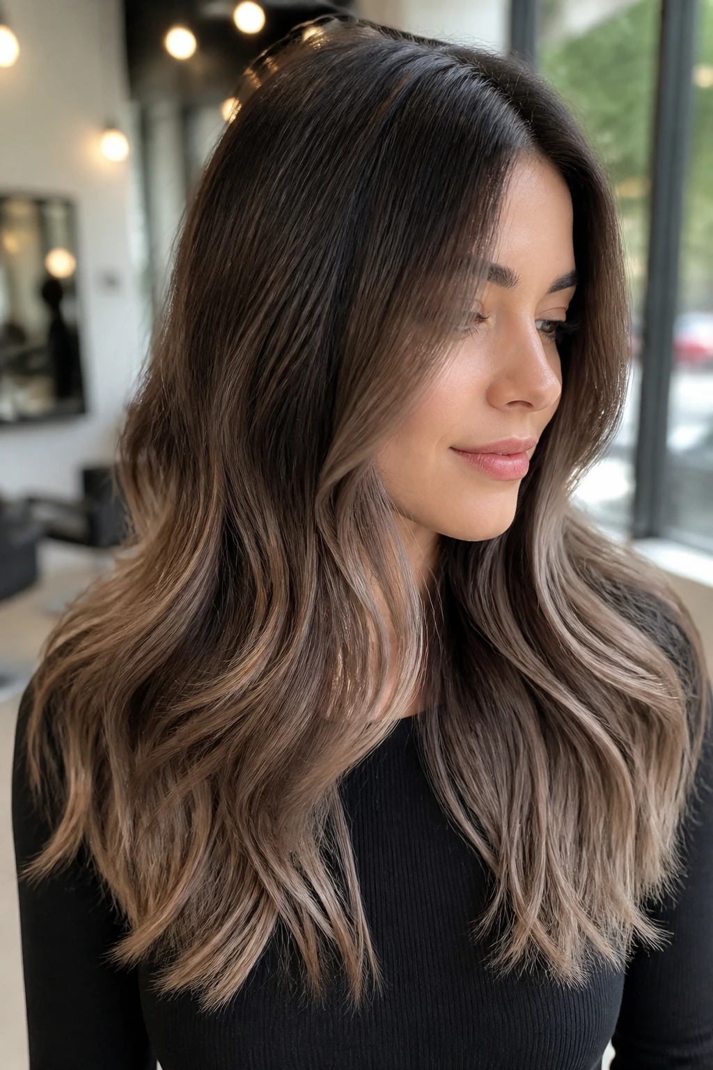 Brunette portrait showing soft root shadow with bright ends and hazy transition in natural daylight