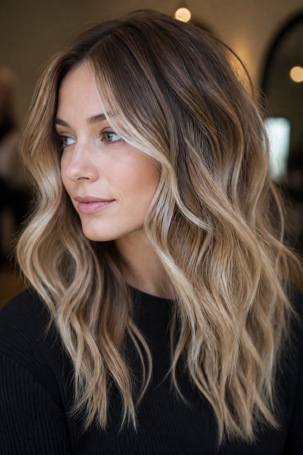 Soft root-shadow balayage with darker roots on a real person
