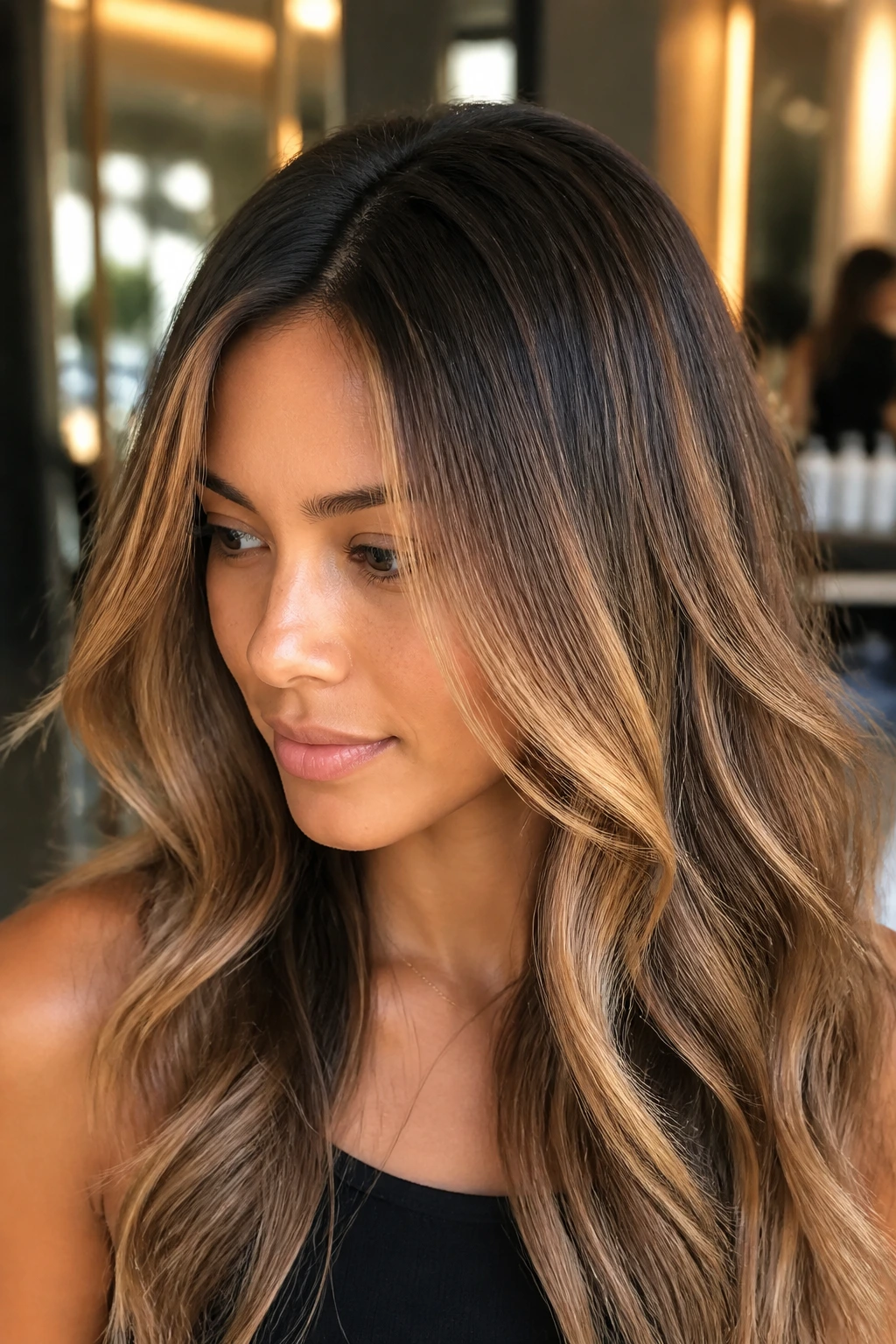 Close-up of a real woman with soft root shadow blending into honey caramel highlights
