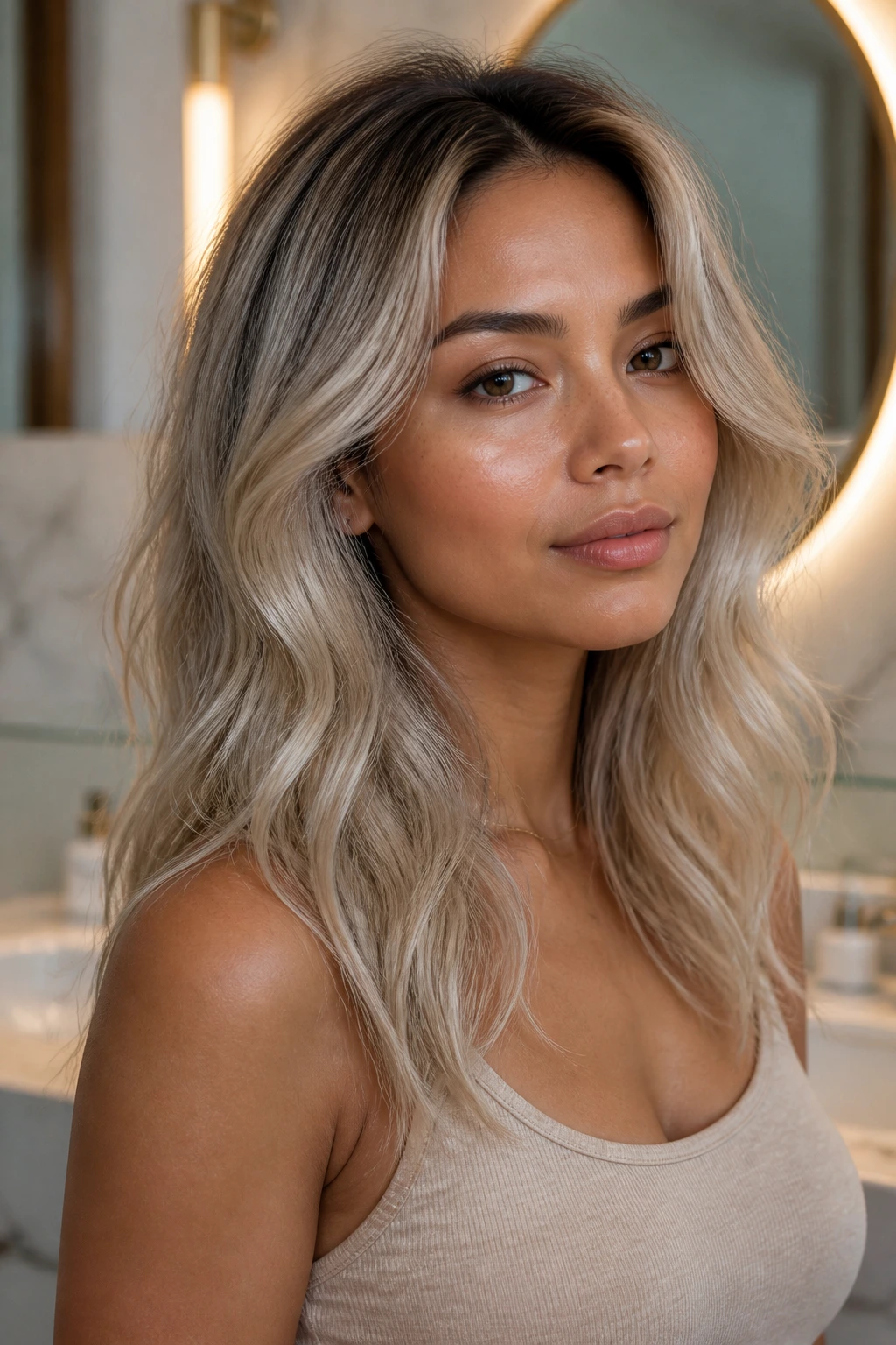 Close-up portrait showing a soft root shadow blending dark roots into cool blonde ends