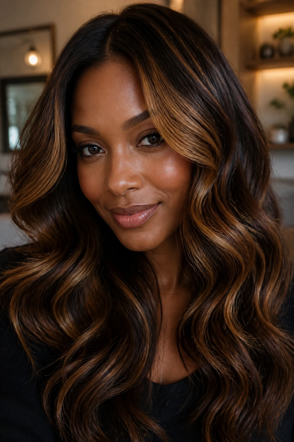 Real woman showing varied brunette highlight tones with root shadow