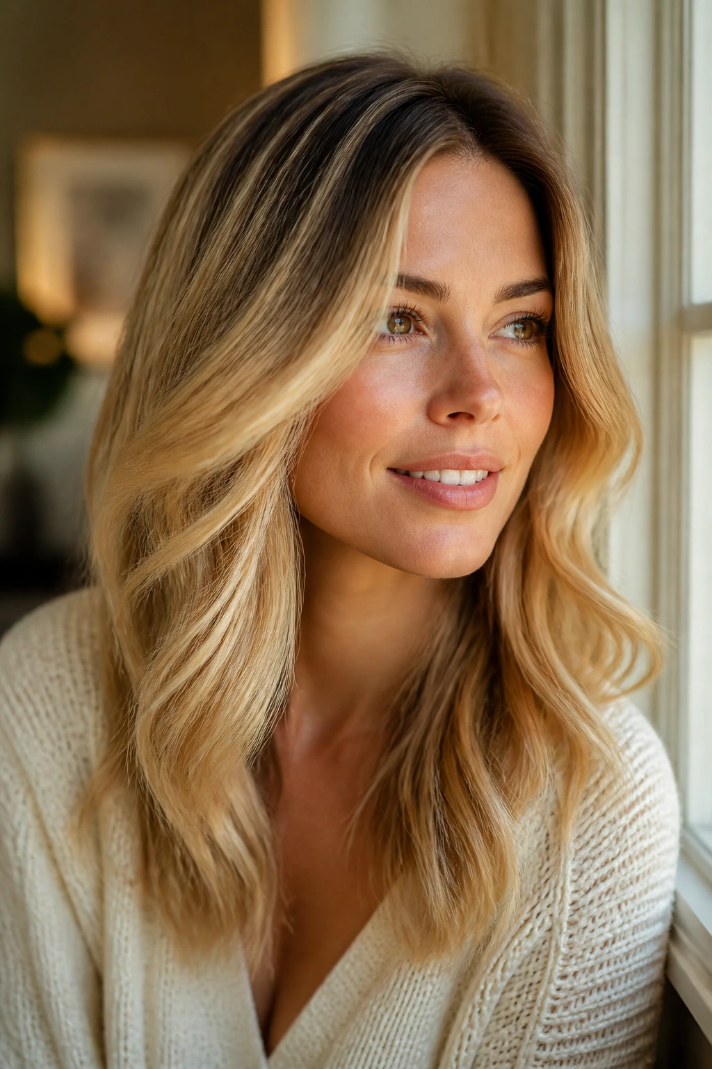 Portrait of a woman with warm blonde color and a soft root in window light