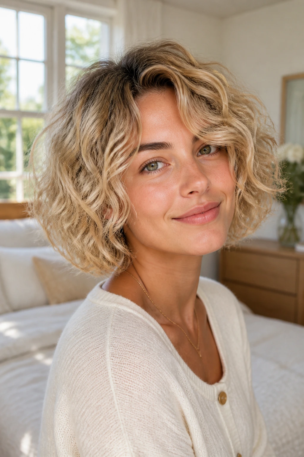 Close-up of a real woman with soft-rooted blonde curls and cloudy volume