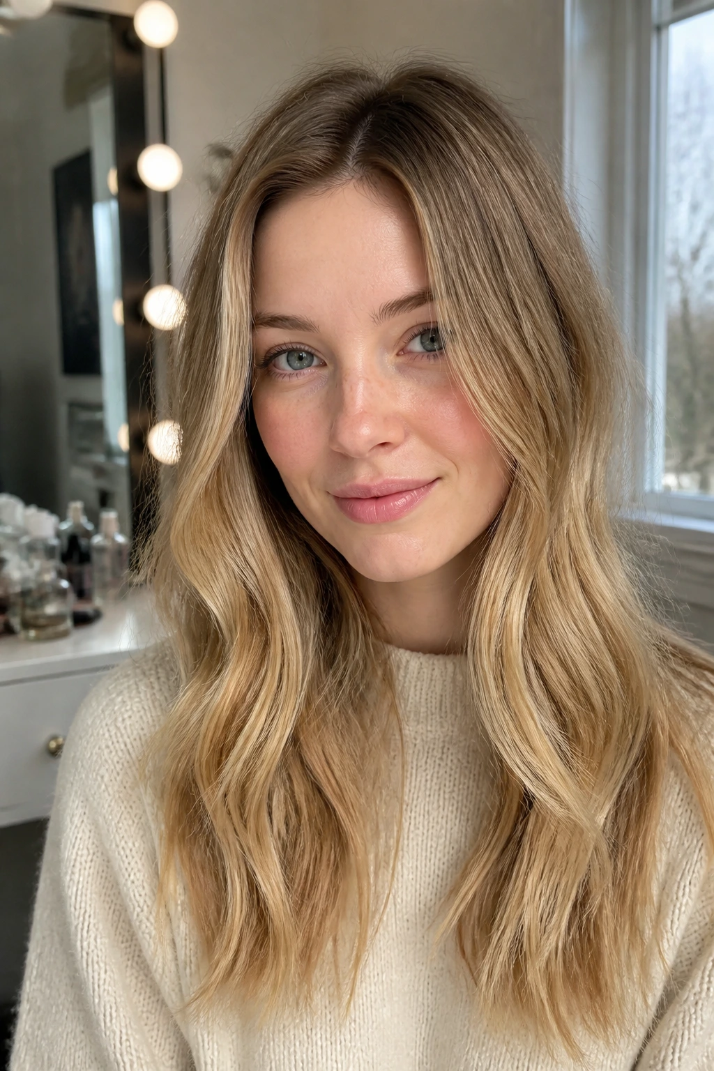 Close-up of a woman with soft rooted gold blonde in natural light