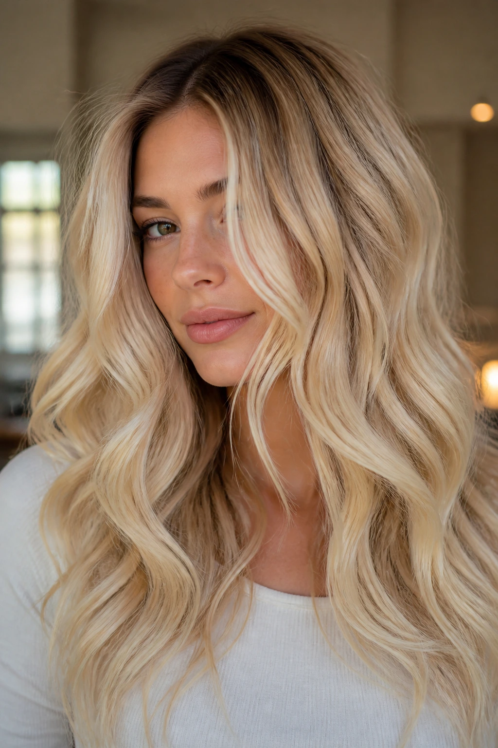 Portrait of a real woman with soft-rooted mermaid waves and platinum length