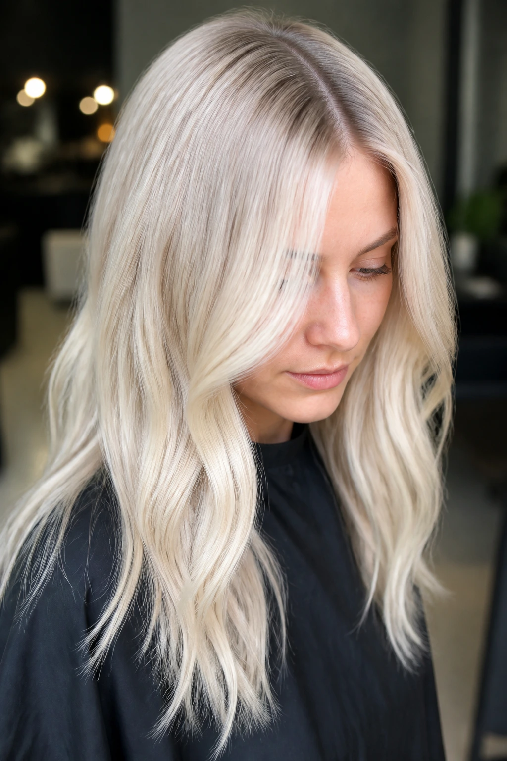 Close-up of a real person with soft-rooted platinum hair and pearl-beige tones