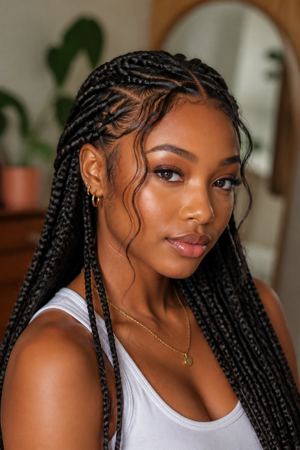Close-up of a woman with temple-side soft braids