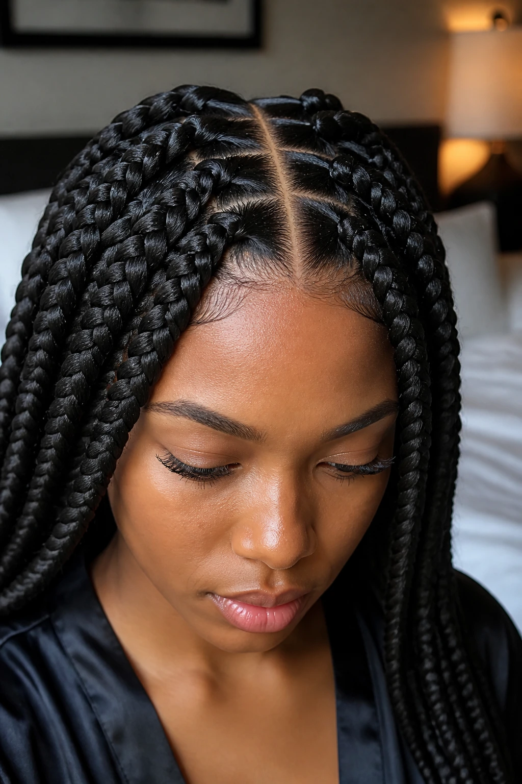 Close-up of a woman's scalp with a neat part and subtle gel for soft roots.