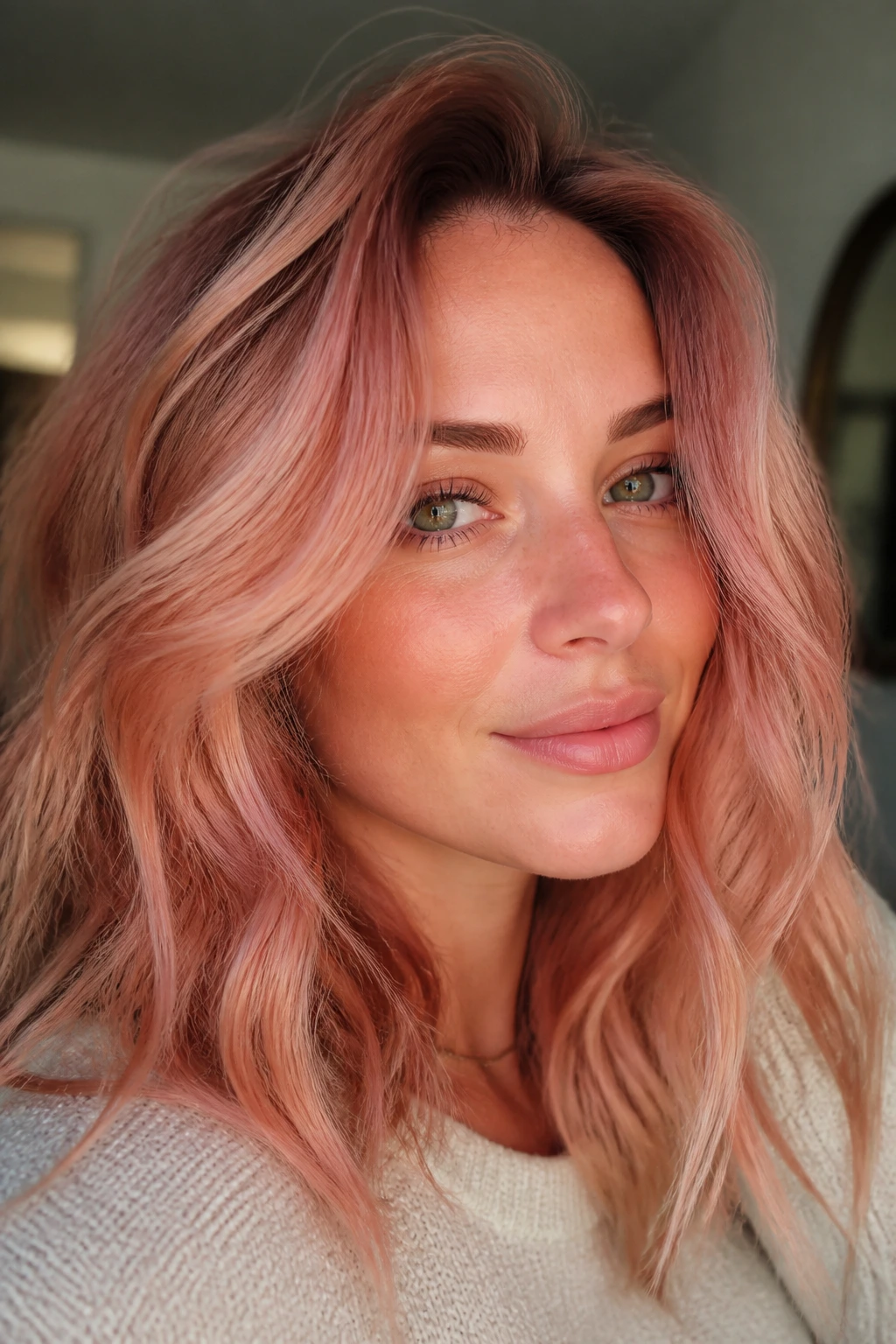 Portrait of a person with soft rose gold hair and pink-copper tones