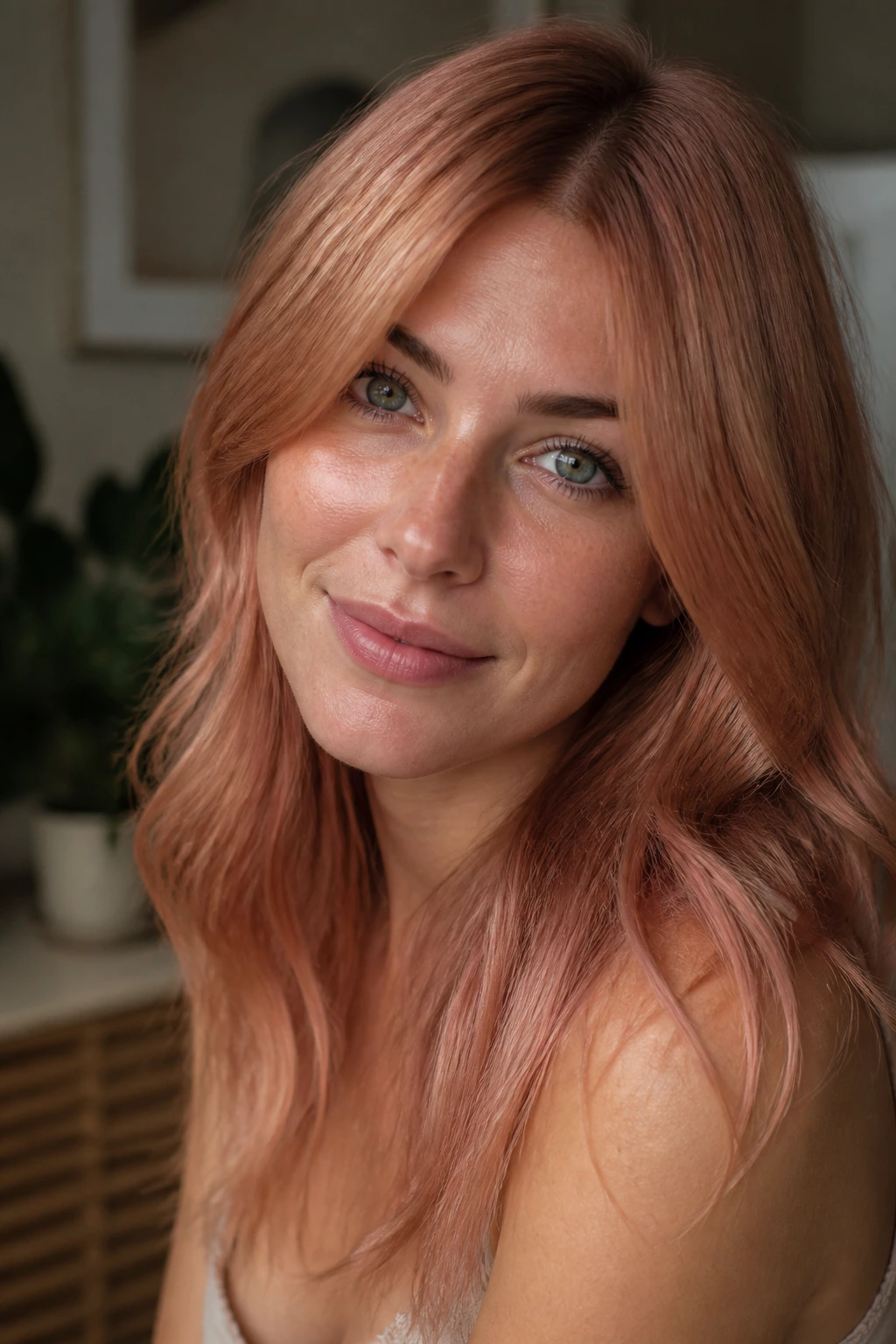 Close-up of a real woman with soft rose gold strawberry hair and layered ends