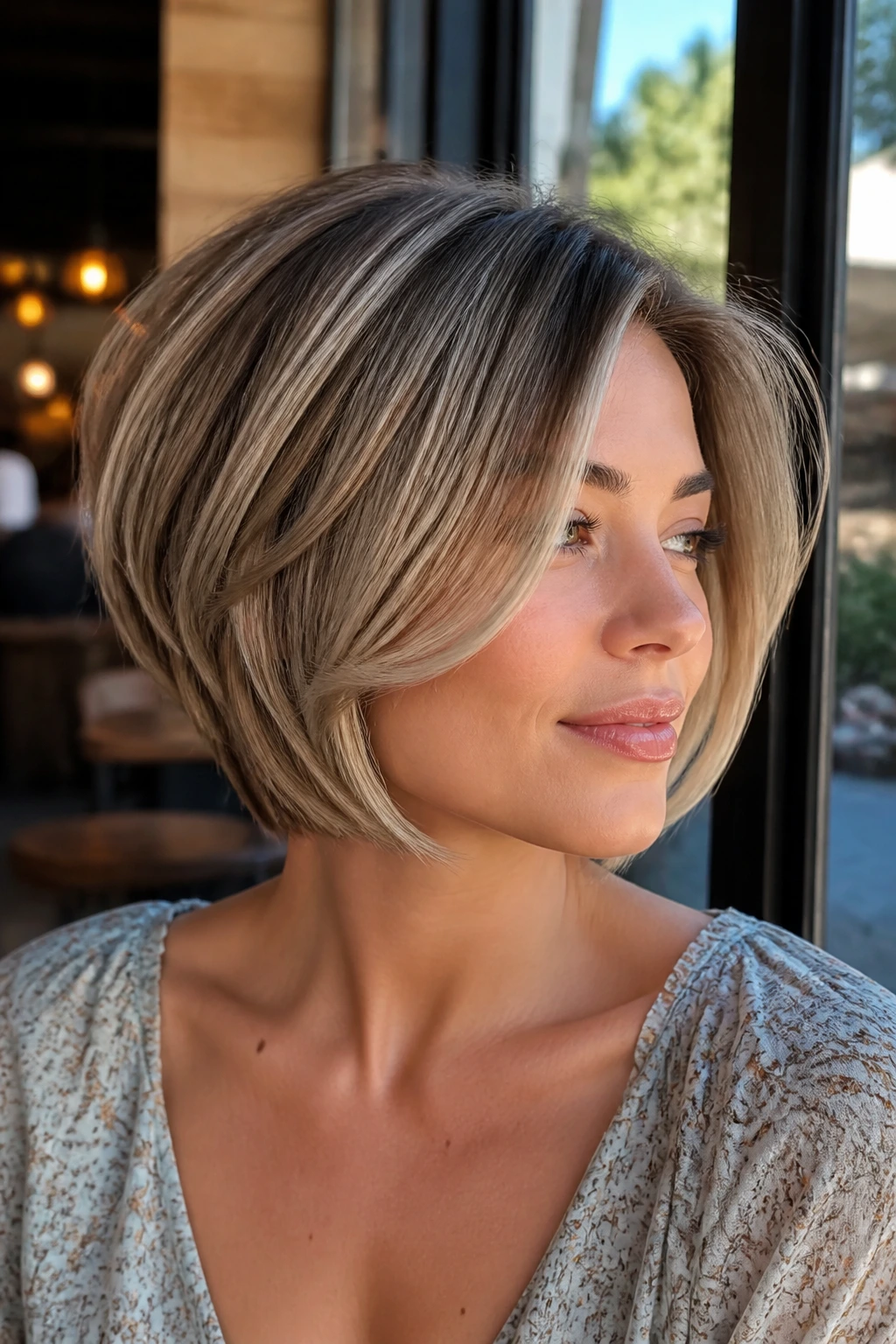 Close-up of a real woman with a soft round version stacked bob