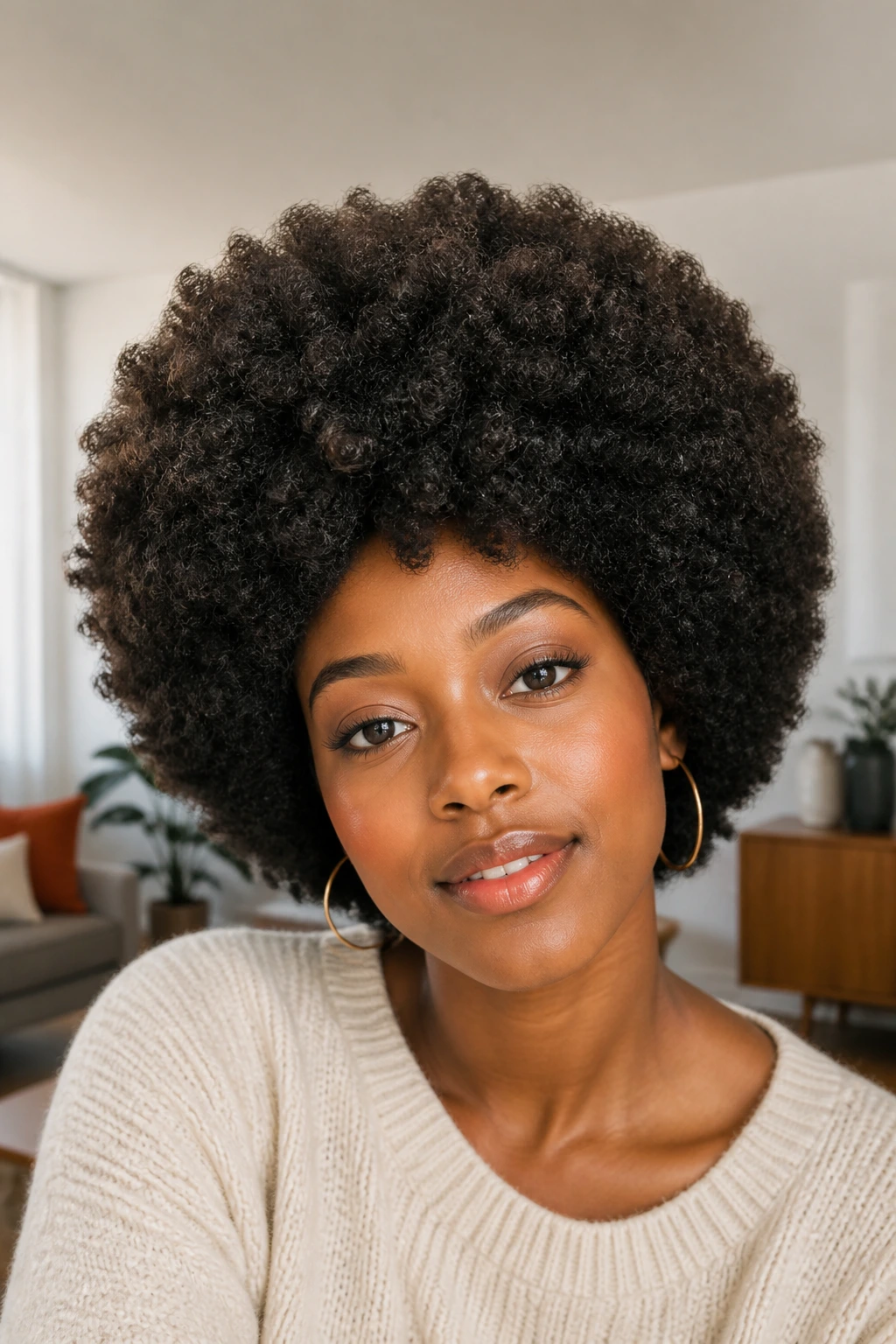Close-up of a Black woman with a soft rounded afro under warm light