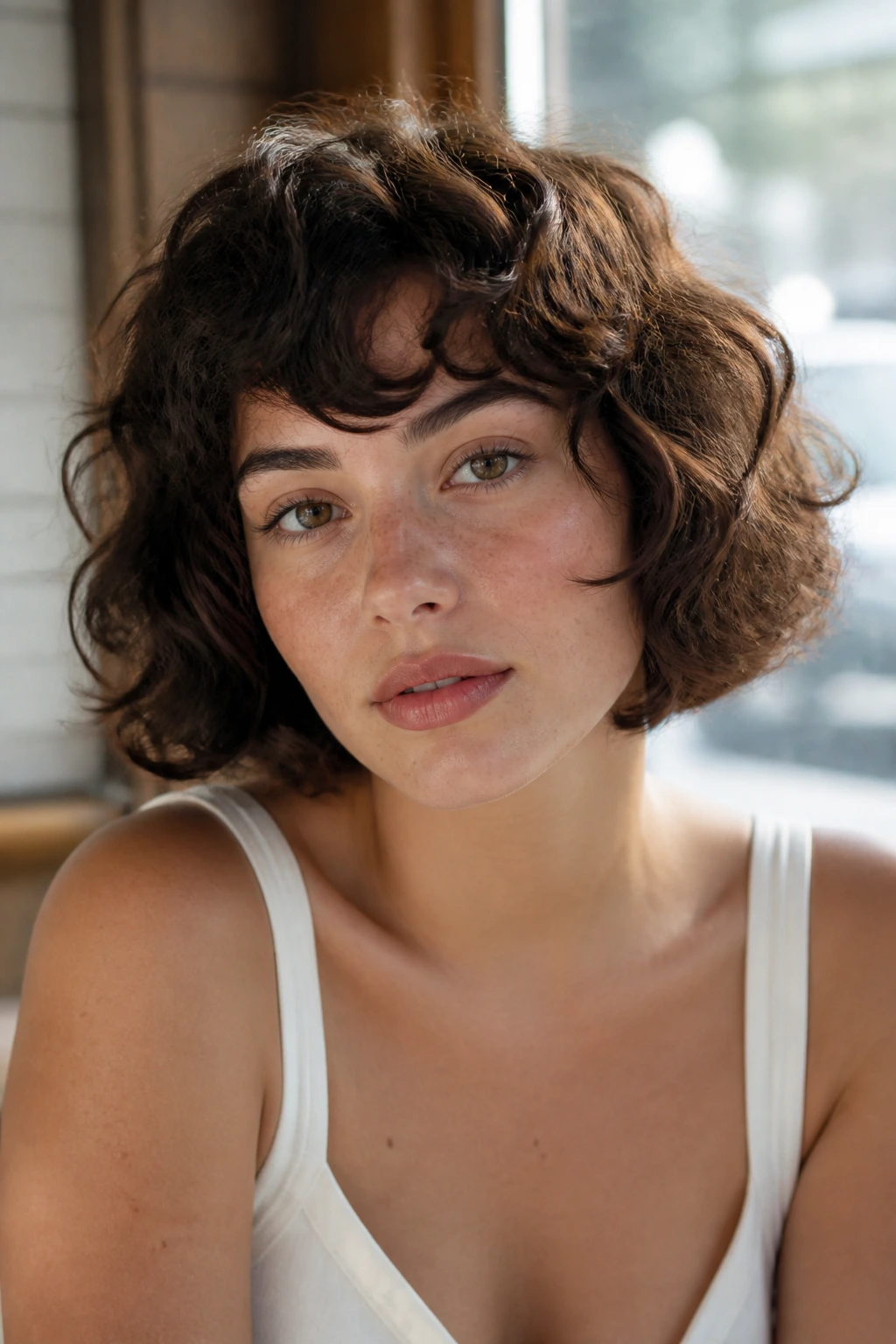 Close-up of a real woman with soft rounded French bob