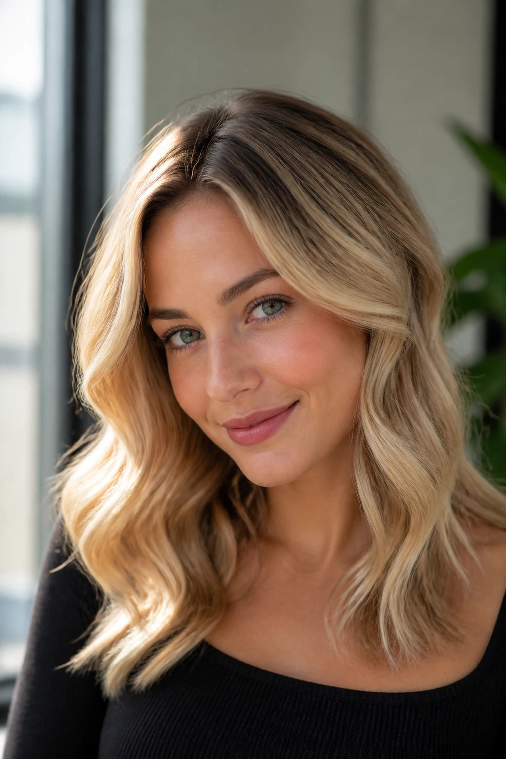 Real woman with soft S-bend waves and shadow root