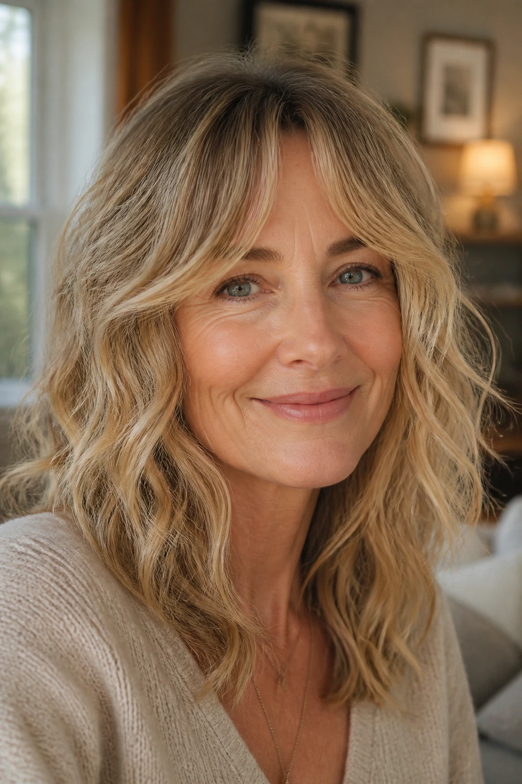 Real woman with soft S-curve bangs following natural wave in warm light