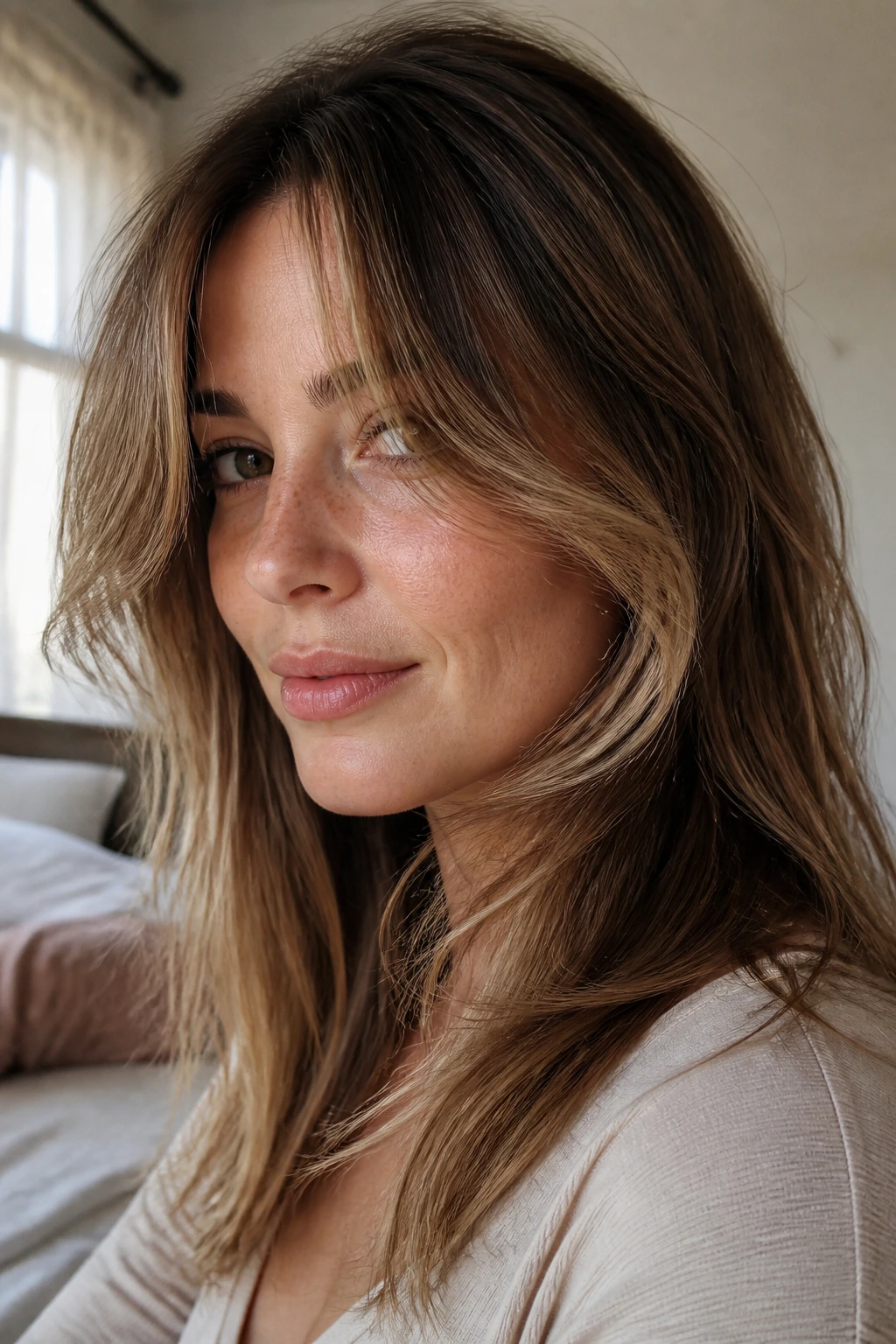 Close-up of a real woman with soft S-curve bangs in undone finish