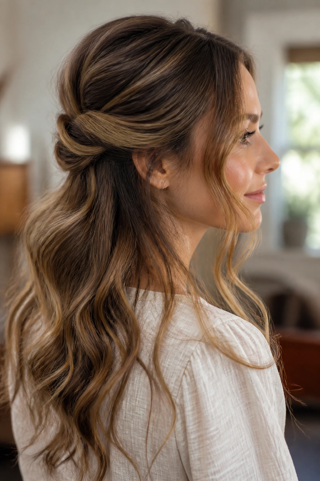 Portrait of a real woman with a soft S-curve half-up hairstyle