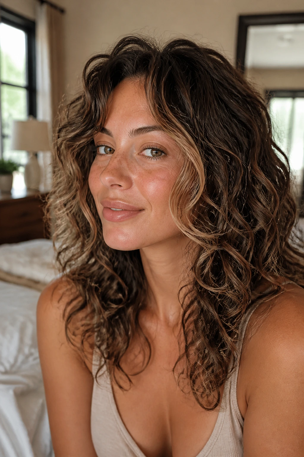 Close-up of a real woman with soft S-curve face-framing layers at the cheeks and jaw, natural light.