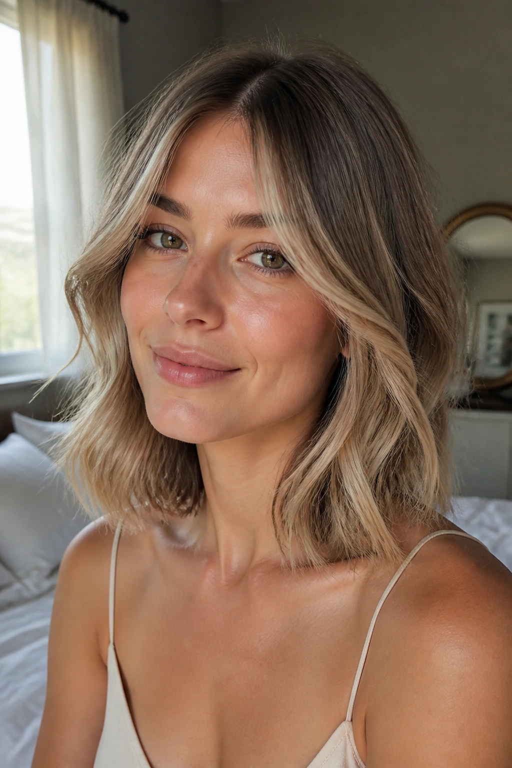 Portrait of a person with a soft S-curve lob showing gentle mid-length bends.